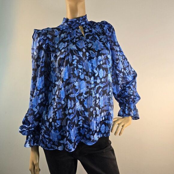 French Connection Cynthia Fauna Midnight Blue Blouse Womens Sz 8 Floral LS - Picture 4 of 12